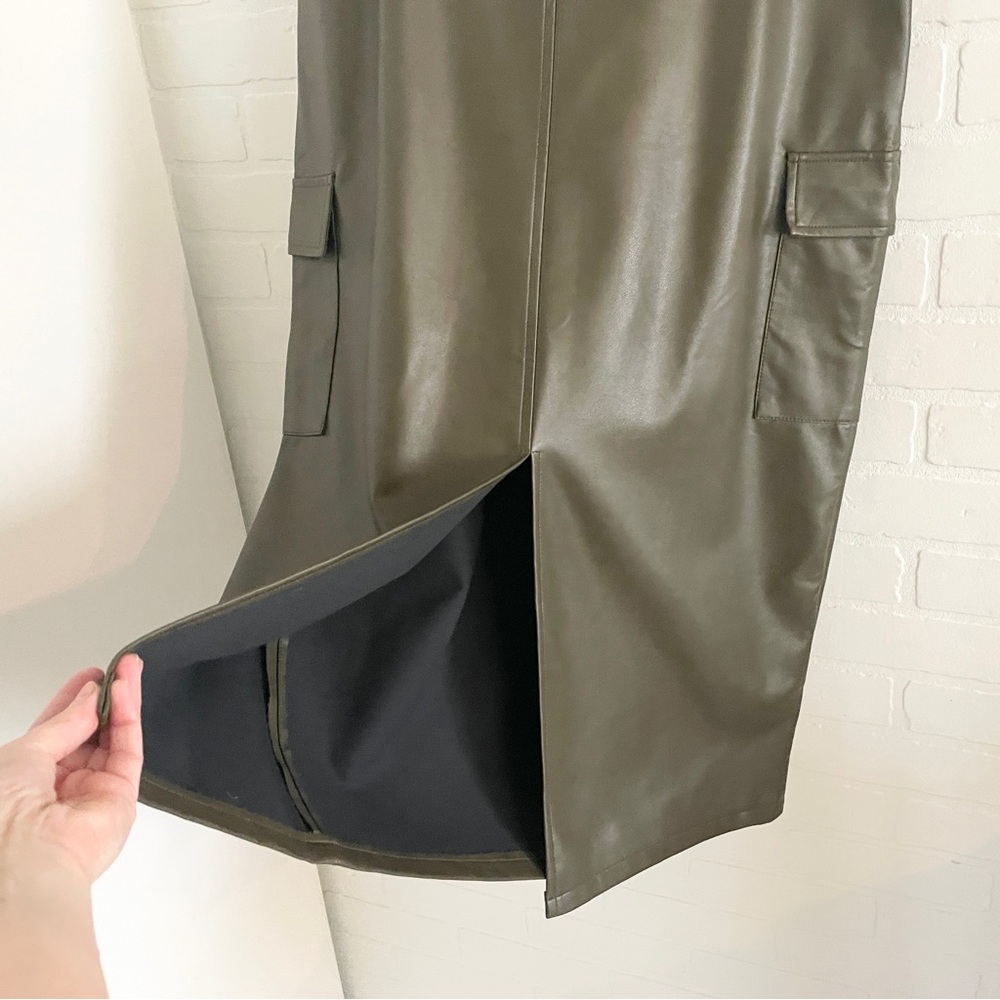 Y2K Vegan Leather Cargo Maxi Skirt Olive Khaki Utility Statement Sz L - Picture 14 of 16